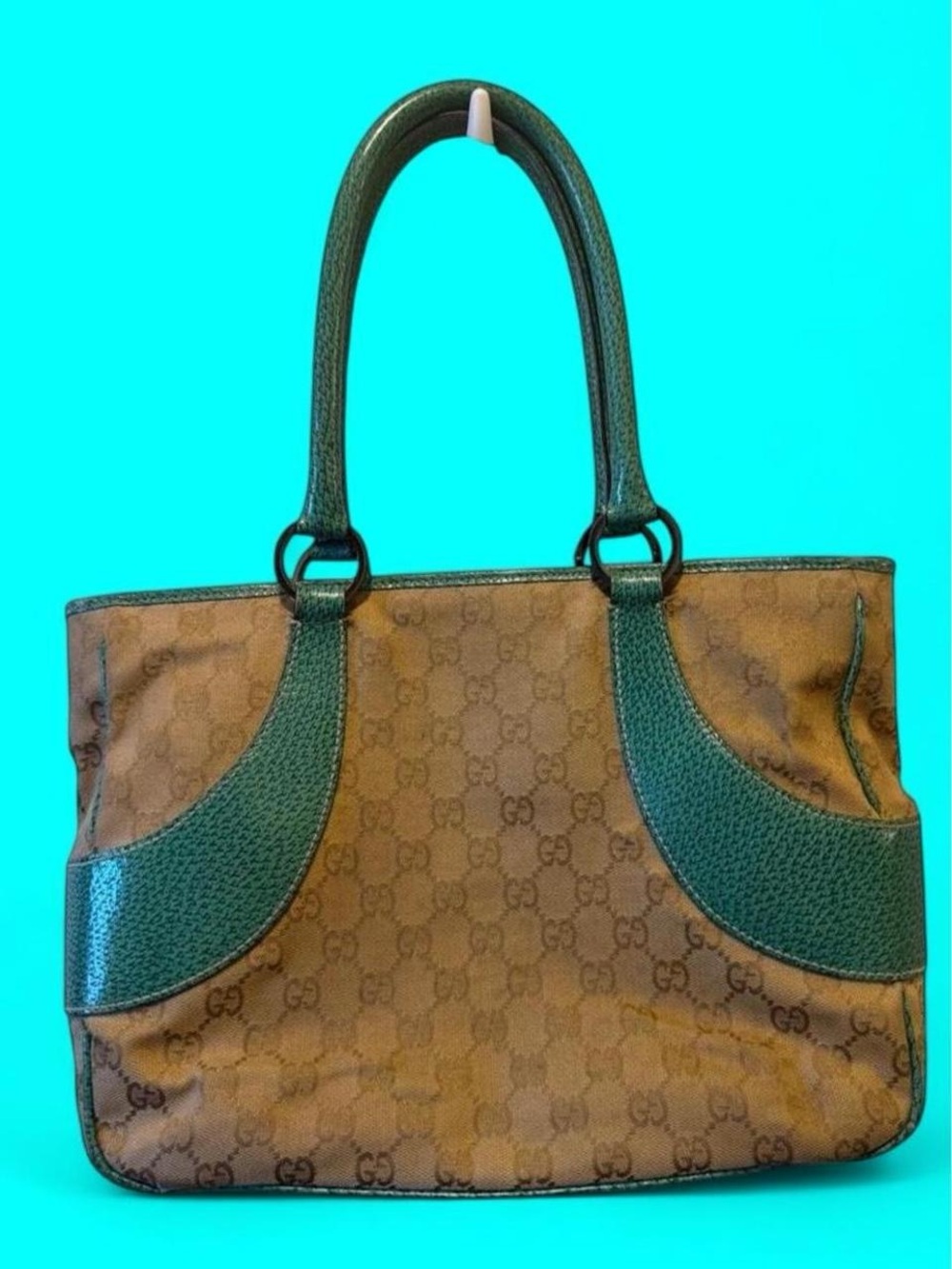 VINTAGE Gucci Brown Monogram Tote with Teal Green Leather Accents • OBO💚